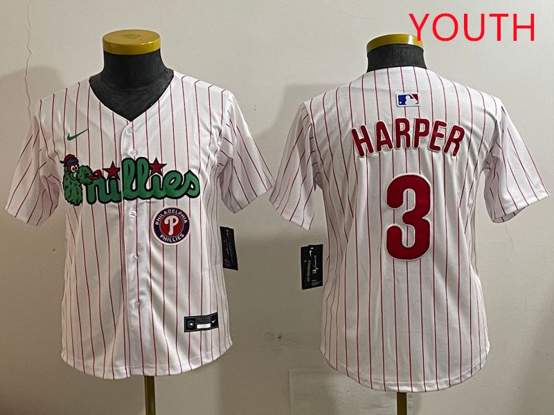 Youth Philadelphia Phillies #3 Harper White three generations Joint Name Nike 2025 MLB Jersey style 9->youth mlb jersey->Youth Jersey